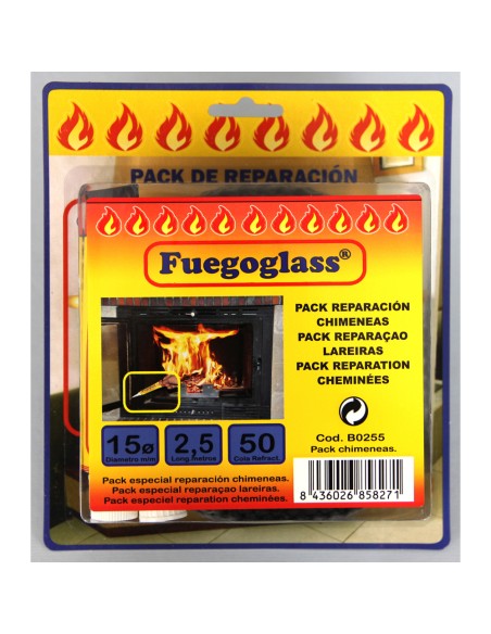 Kit reparacion estufas/chimeneas FUEGOGLASS tubo pegamento + 2.5m cordon 15mm B0255