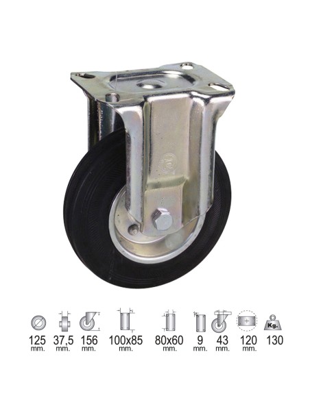 Rueda Industrial Goma Negra Fija 125 mm.