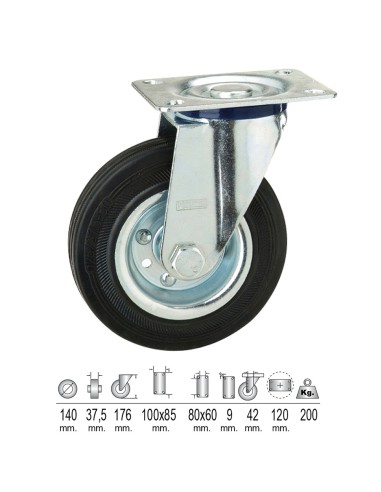 Rueda Industrial Goma Negra Placa  Ø 140 mm.