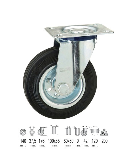 Rueda Industrial Goma Negra Placa  Ø 140 mm.