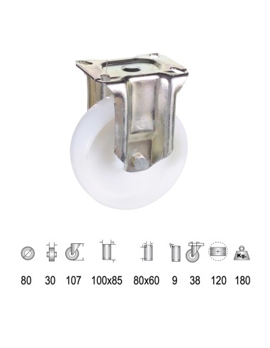 Rueda Industrial Nylon Placa Fija   80 mm.