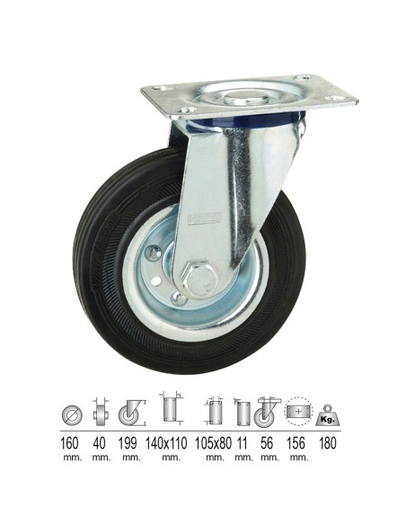 Rueda Industrial Goma Negra Placa  160 mm.