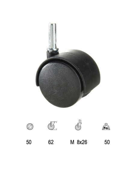 Rueda Domestica Nylon Negro Espiga   50 mm.