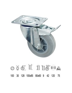 Rueda Industrial Goma Gris Placa con freno 100 mm.