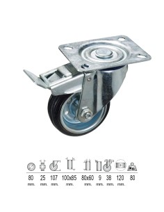 Rueda Industrial Goma Negra Placa con freno   80 mm.