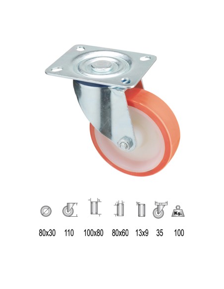 Rueda Industrial Poliuretano Placa   80 mm.