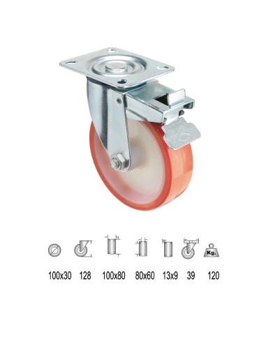 Rueda Industrial Poliuretano Placa con freno...