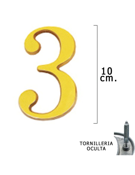 Numero Latón "3" 10 cm. con Tornilleria Oculta (Blister 1 Pieza)