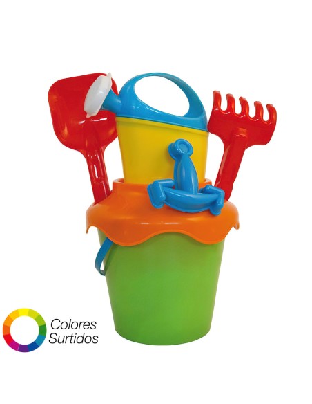 Cubo Playa Con Regadera, pala y rastrillo