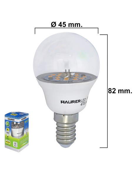 Bombilla Led Esferica Transparente Rosca E14 5 W. 40 W. 470 lúmenes. Luz calida. (3000°K).