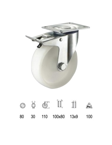 Rueda Industrial Nylon Placa con freno   80mm