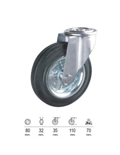 Rueda Industrial Goma Negra Pasante  80mm