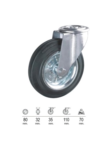 Rueda Industrial Goma Negra Pasante  80mm