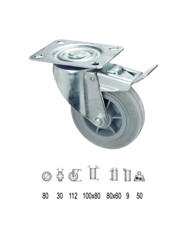 Rueda Industrial Goma Gris Placa con freno  80mm