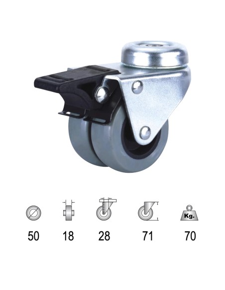 Rueda Industrial Doble Poliamida Gris Pasante con freno 50mm