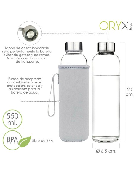 Botella Agua Cristal 550 ml. Funda Neopreno con Asa. Sin BPA