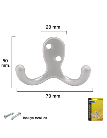 Gancho Doble Plata Mate Para Atornillar con tornillos incluidos.