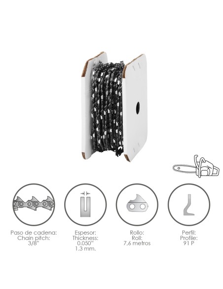 Cadena motosierra PAPILLON 3/8" 0.050" 1.3mm 91P (rollo 7.6mt) 08062525