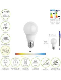 Bombilla Led Estandar Rosca E27. 4.9 Watt. Equivale A 40...