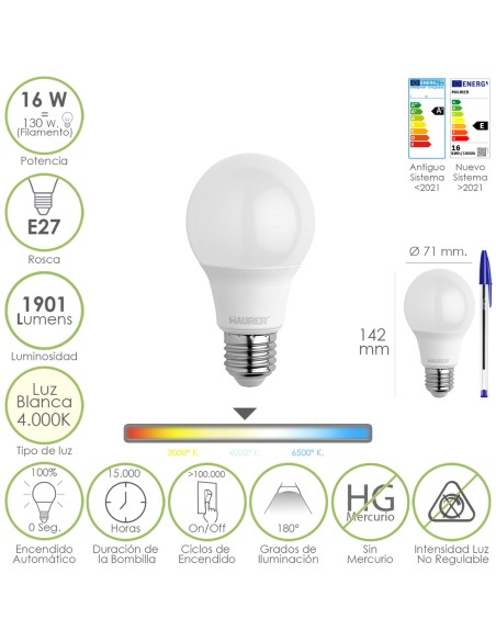 Bombilla Led Estandar Rosca E27. 16 Watt. Equivale A 130 Watt. 1901 Lumenes. Luz Blanca 4000º K.)