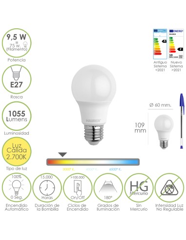 Bombilla Led Estandar Rosca E27. 9.5 Watt....