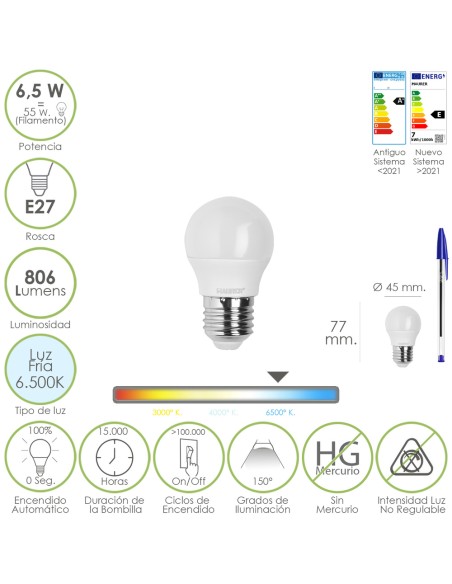 Bombilla Led Esfera Rosca E27. 6.5 Watt. Equivale A 55 Watt. 806 Lumenes. Luz Fría 6500º K.