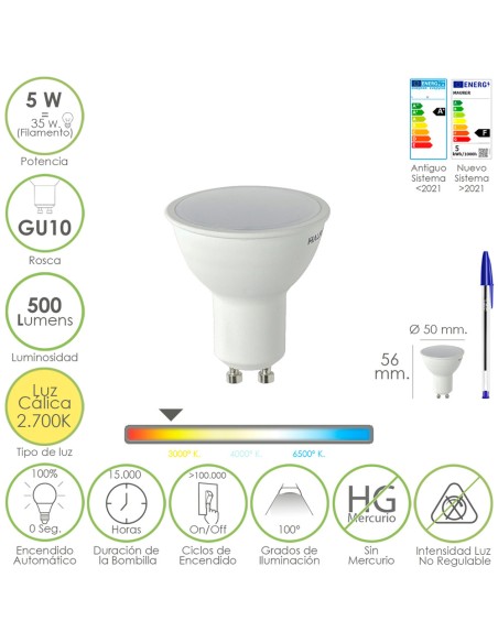 Bombilla Led Dicroica Rosca GU10. 5 Watt. Equivale A 30 Watt. 500 Lumenes. Luz Cálida (2700º K)