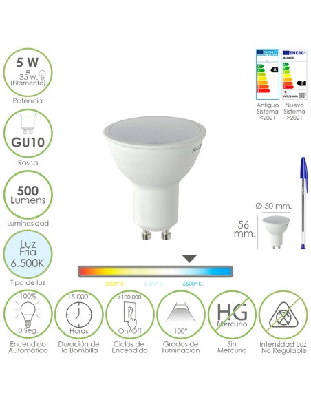 Bombilla Led Dicroica Rosca GU10. 5 Watt. Equivale A 30 Watt. 500 Lumenes. Luz Fria (6500º K.)