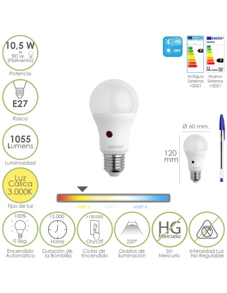 Bombilla Led Esfera Con Sensor Crepuscular. Rosca E27. 10.5 Watt. Equivale A 90 Watt. 1055 Lumenes. Luz Calida 3000º K.