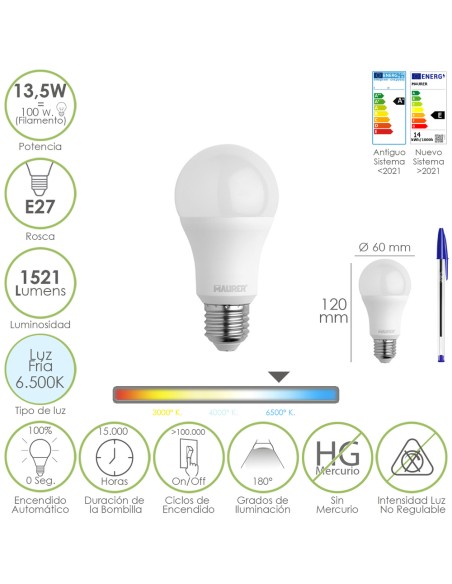Bombilla Led Estandar Rosca E27. 13,5 Watt. Equivale A 100 Watt. 1521 Lumenes. Luz Fría (6500º K.)