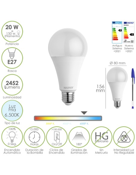 Bombilla Led Estandar Rosca E27. 20  Watt. Equivale A 150 Watt. 2452 Lumenes. Luz Fria (6500º K.)