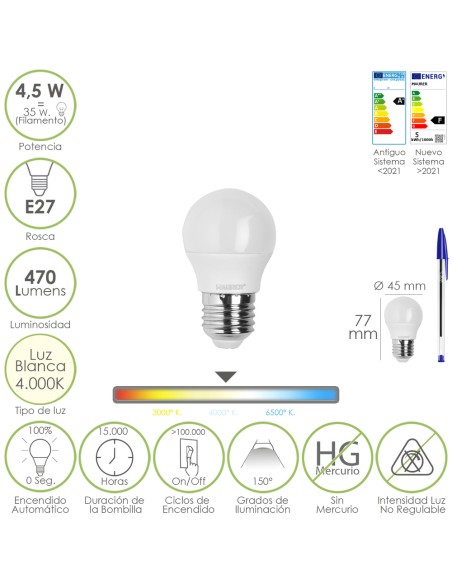 Bombilla Led Esferica Rosca E27 4.5 Watt. Equivale A 55 Watt. 470 Lumenes. Luz Neutra (4000º K)