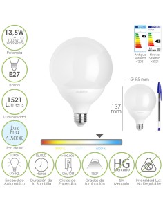 Bombilla Led Esfera Globo E27. 13,5 Watt. Equivale A 100...