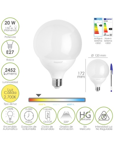 Bombilla Led Globo E27. 20 Watt. Equivale A 150...