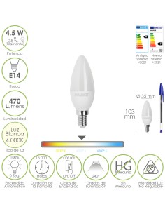 Bombilla Led Vela Rosca E14. 4,5 Watt. Equivale A 35...