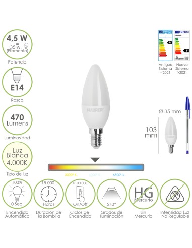 Bombilla Led Vela Rosca E14. 4,5 Watt. Equivale...
