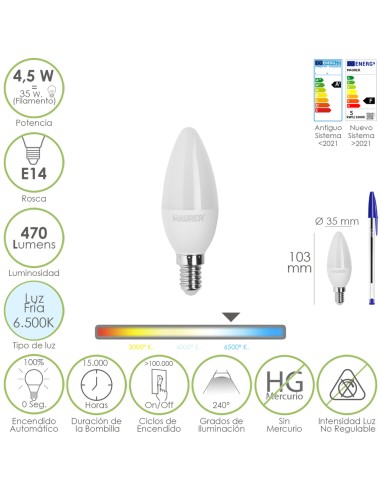Bombilla Led Vela Rosca E14. 4,5 Watt. Equivale...