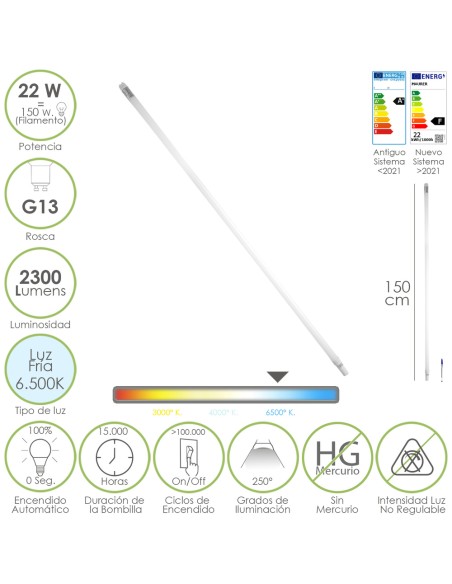 Tubo Led T8 150 cm. 22 Watt. Equivale A 150 Watt. 2300 Lumenes. Luz Fria 6500º K.