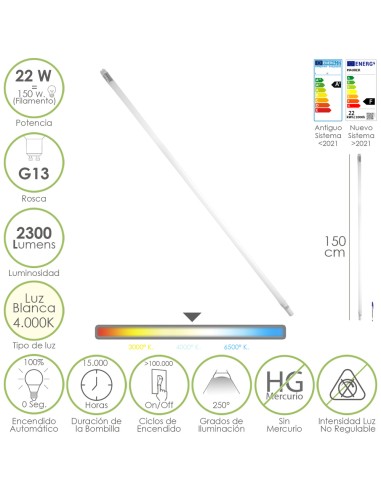 Tubo Led T8 150 cm. 22 Watt. Equivale A 150...