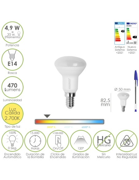 Bombilla Led Reflectante Rosca E14. 4,9 Watt. Equivale A 35 Watt. 470 Lumenes. Luz Cálida (3000º K.)