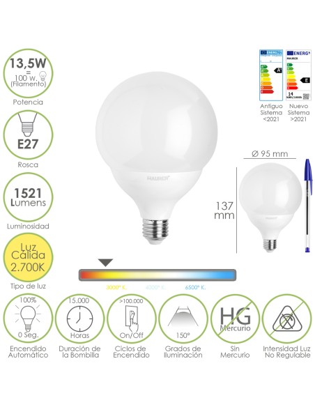 Bombilla Led Esfera Globo E27. 13,5 Watt. Equivale A 100 Watt. 1521 Lumenes. Luz Calida 3000º K.