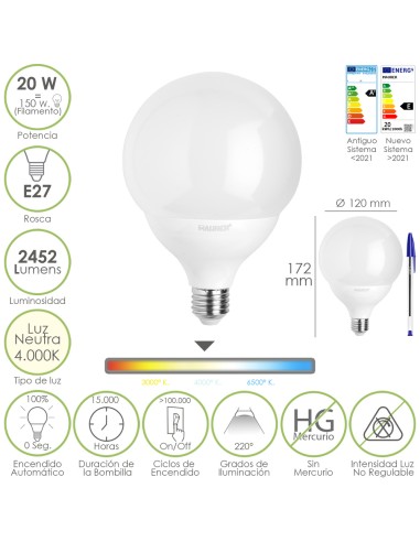 Bombilla Led Globo E27. 20 Watt. Equivale A 150...