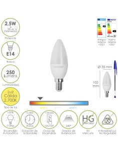 Bombilla Led Vela E14. 2,5 Watt. Equivale A 20 Watt. 250...