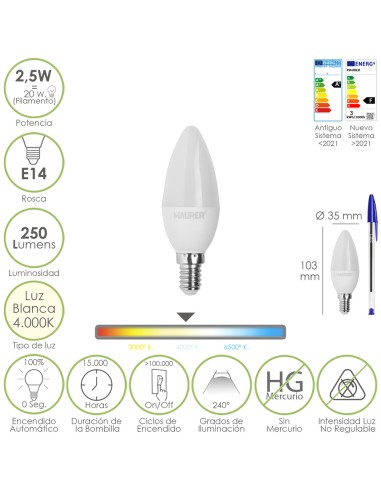 Bombilla Led Vela E14. 2,5 Watt. Equivale A 20...
