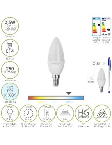 Bombilla Led Vela E14. 2,5 Watt. Equivale A 20...
