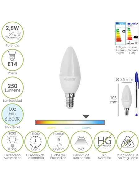 Bombilla Led Vela E14. 2,5 Watt. Equivale A 20 Watt. 250 Lumenes. Luz Fria 6500º K.