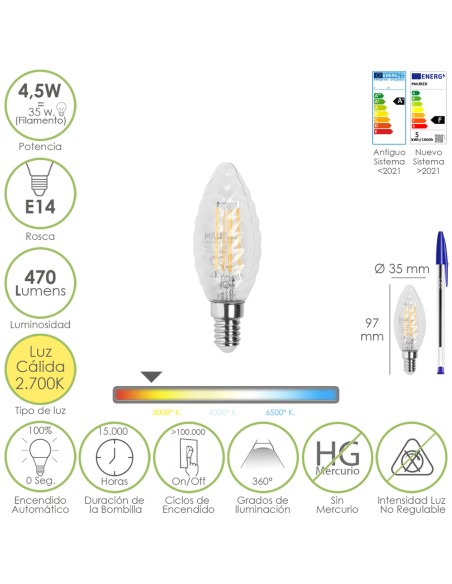 Bombilla Led Filamento Vela Twist. E14. 4,5 Watt. Equivale A 35 Watt. 470 Lumenes. Luz Calida 2700º K.