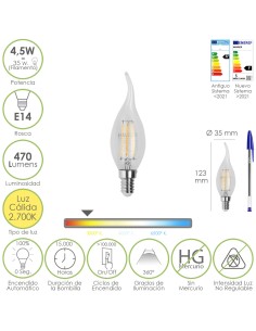 Bombilla Led Filamento Vela Llama E14. 4,5 Watt. Equivale...