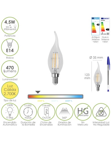 Bombilla Led Filamento Vela Llama E14. 4,5...