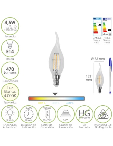 Bombilla Led Filamento Vela Llama E14. 4,5...